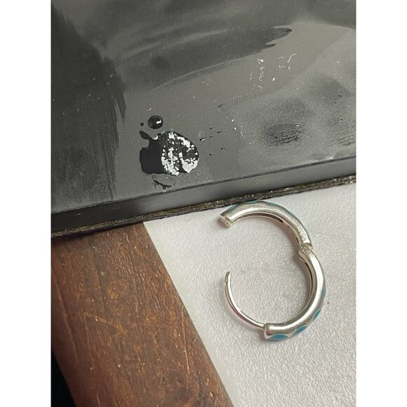 Aqua Blue Enamel 925 Silver Huggie Hoop Earrings Pierced - Picture 2 of 13